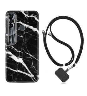 Tecno Spark 6 6 Go 8C 8 Pro 7 7 Pro Kılıf Boyun Askılı Silikon Siyah Şerit Mermer 1318