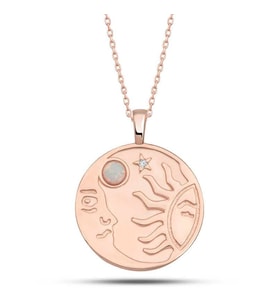 Hk Gümüş Kadın Kolye Rose Opal Beyaz Taşlı Ay Güneş Gümüş Takı Hediyelik Ürünler