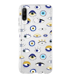 PrintiFy Huawei P30 Lite ile Uyumlu 1mm Slim Fit Nazar Boncuğu 2 Baskılı Şeffaf  Kılıf