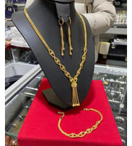 22 AYAR ALTINKAPLAMA KADIN GOLD ÖZEL TASARIM EL İŞİ 3LÜ SET KOLYE KÜNYE KÜPE
