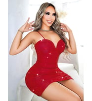ÖzelTasarım İnce Askılı Büzgülü Parlak Işıltılı Kırmızı Mini Club Elbisesi (Çok Renkli)