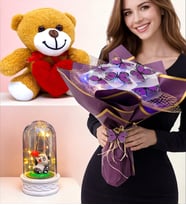 Renkli Led Işıklı Kelebek Buketi Kalpli Peluş Ayıcık Led Işıklı Fanus Premium Hediye Seti (Model 4)