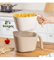 Porsima G-576 2 Parça Plastik Süzgeç Çok Amaçlı Makarna Meyve Sebze Pirinç Yıkama Süzgeci Bej Beyaz