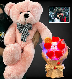 Size Özel Led Işıklı Fotoğraflı Ayıcık Buketi ve Büyük Boy 80cm Pembe Peluş Ayıcık (Model 4)