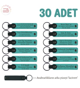 Kamp Ekibine Özel Üretim, 30'lu Set, Kişisel İsim Yazılı Hediye Deri Anahtarlık, Koyu Turkuaz & Laci