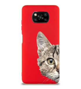Xiaomi Poco X3 Uyumlu Lansman Kılıf Catface Tasarımlı İçi Kadife Kapak-Kırmızı (Şeffaf)