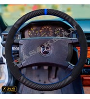 Mercedes E W124-S124-C124 Dikme Direksiyon Kılıfı Alcantara Süet Mat Karbon Mavi Yüzük ve Dikiş 4 Kollu-Geniş Dikdörtgen-Tuşsuz 1984-1993
