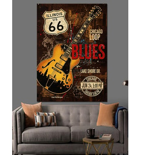 Route 66 Blues Afiş Dekoratif Kanvas - Mdf Ahşap Tablo