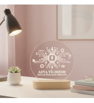 KİŞİSELLEŞTİRİLEBİLİR Elektrik Müh. LED Işıklı Ahşap Masa İsimliği (Şeffaf)
