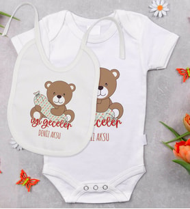 BK Kids Kişiye Özel Sevimli Ayı Tasarımlı Bebek Body Zıbın ve Mama Önlüğü Hediye Seti - Model 1