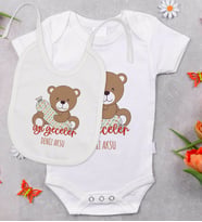 BK Kids Kişiye Özel Sevimli Ayı Tasarımlı Bebek Body Zıbın ve Mama Önlüğü Hediye Seti - Model 1