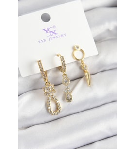 Pirinç Zİrkon Taşlı Sallantılı Model Gold Renk 3'lü Kadın Küpe
