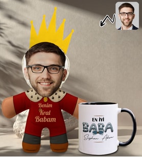 BK Gift Kişiye Özel Fotoğraflı Kral Babam Tasarımlı Bebek Yastık-1 & Siyah Kupa Bardak Hediye Seti-8, Babalar Günü Hediye, Babaya Hediye