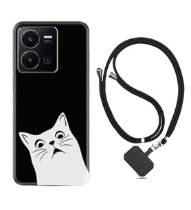 Vivo Y35 Kılıf Resimli Boyun Askılı İpli Desenli Silikon Series Şaşkın Kedi 1900