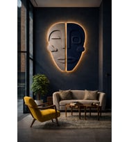 Led Işıklı Modern Bohem İkili Yüz Ahşap Duvar Dekoru 80x50 cm İkili Mask Ev, Ofis, Kafe ve Oda Dekorasyonu