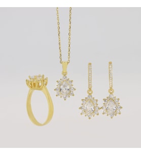 925 Ayar Gümüş Damla Beyaz Taşlı Gold Anturaj Set