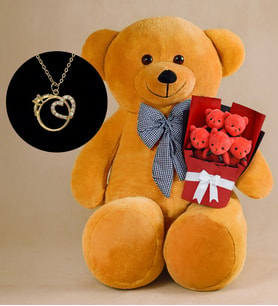 Aşk Dolu Hediye – Peluş Ayı 90 cm, Mini Buket ve 24 Ayar Altın Kaplama Kolye Kombini (KAHVE-BRONZ)