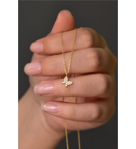 925 Ayar Gümüş Gold Kaplama Beyaz Taşlı Minimal Kelebek Kolye