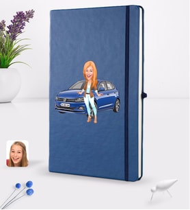 BK Gift Kişiye Özel Plakalı Kadın Volkswagen Polo Karikatürlü Lacivert Termo Deri Defter 16x24cm Model 1