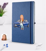 BK Gift Kişiye Özel Plakalı Kadın Volkswagen Polo Karikatürlü Lacivert Termo Deri Defter 16x24cm Model 1