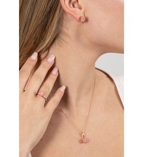925 Ayar Gümüş Set Rose Lotus Çiçeği Pembe Taşlı Kolye Küpe ve Yüzük Üçlü Set SGTL13203PEMBE