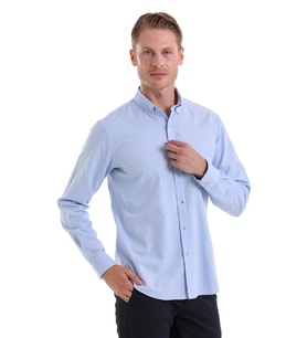 Hatemoğlu Mavi Comfort Fit Düz %100 Pamuk Düğmeli Yaka Uzun Kollu Casual Oxford Gömlek (MAVI-BEYAZ)