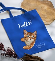 BK Gift Kedi Tasarımlı Mavi Kumaş Bez Çanta, Baskılı Omuz Çantası, Alışveriş Çantası, Arkadaşa Hediye-4