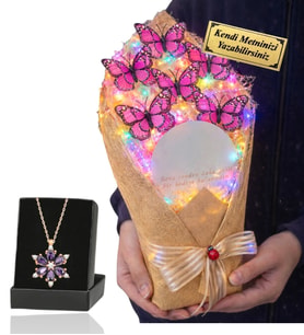 Size Özel Renkli Led Işıklı Aynalı Kelebek Buketi ve Gerçek Ametist Taşlı Lotus Kolye (Pembe)