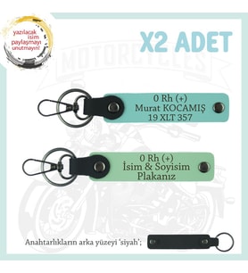 Motorcu Kişiye Özel İsim Plaka ve 0 Rh (+) Kan Grubu Yazılı 2'li Anahtarlık Takım, Yeşil-Turkuaz-Syh (Çok Renkli)