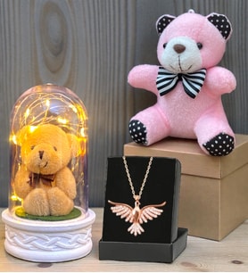 Anka Kuşu Kolye, Peluş Anahtarlık ve Led Işıklı Fanus Premium Hediye Seti (Model 6)
