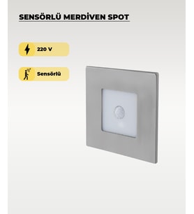 3W Krom Kare Sensörlü Sıva Altı Merdiven Spot 3200K (Sarı Işık)