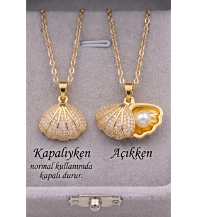 Deniz Kabuğu İnci Detaylı Zirkon Taşlı Paslanmaz Çelik Kolye Altın/Gümüş Renk eck75