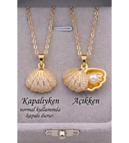 Deniz Kabuğu İnci Detaylı Zirkon Taşlı Paslanmaz Çelik Kolye Altın/Gümüş Renk eck75