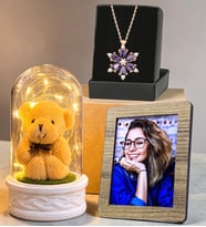 Kişiye Özel Fotoğraflı Hediye Seti LED Işıklı Ayıcıklı Fanus ve Gerçek Ametist Taşlı Lotus Kolye