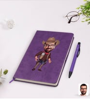 BK Gift Kişiye Özel Kovboy Karikatürlü Mor Termo Deri Defter Kalem Seti Model 1