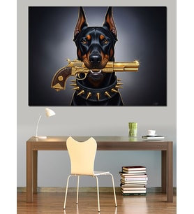 Silah Tutan Doberman Köpek Dekoratif Kanvas - Mdf Ahşap Tablo