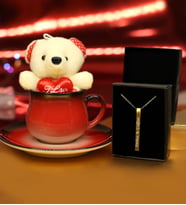Kişiye Özel Gold Renk Çubuk Kolye & Vintage Fincan & Ayıcık Anahtarlık Hediye Seti