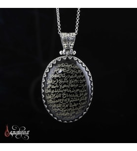 Tamamı EL Yazması - Fetih Süresi Yazılı Akik Taşlı Gümüş Kolye