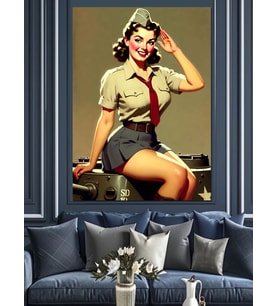 Asker Pin-Up Kız Retrotarzı Dekoratif Kanvas - Mdf Ahşap Tablo