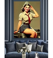 Asker Pin-Up Kız Retrotarzı Dekoratif Kanvas - Mdf Ahşap Tablo