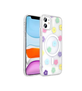 Apple iPhone 11 Uyumlu Kılıf M-Safe Şarj Özellikli Şeffaf Zore Folk Sert Kapak (Papatya)