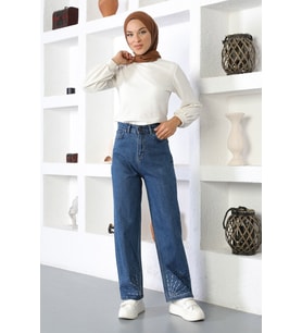 Taş Detaylı Kot Pantolon Koyu Kot 6043