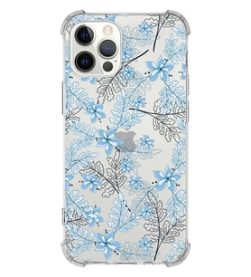Apple iPhone 12 Pro Uyumlu Köşe Korumalı Antişok  Kapak Floral Mavi Tasarımlı Şeffaf  Kılıf
