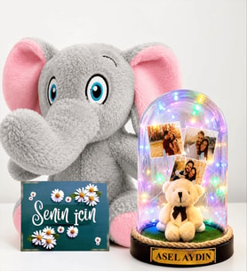 Kişiye Özel 3 Fotoğraflı Renkli LED Işıklı Fanus ve Peluş Fil Hediye Seti (peluş ayıcıklı)
