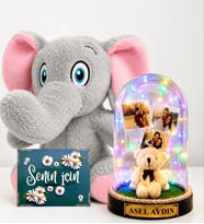 Kişiye Özel 3 Fotoğraflı Renkli LED Işıklı Fanus ve Peluş Fil Hediye Seti (peluş ayıcıklı)