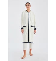 Peraluna NARA LONG CARDİGAN %100 Pamuk Kapüşonlu Kadın Triko Hırka - Ekru/Lacivert