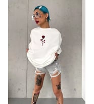 pilelistore- Unisex Bisiklet Yaka Baskılı Oversize T-Shirt - Beyaz
