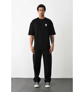 Unisex Bisiklet Yaka Baskılı Oversize T-Shirt - Siyah