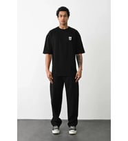 Unisex Bisiklet Yaka Baskılı Oversize T-Shirt - Siyah