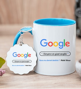 Kişiye Özel Google Tasarım Esprili Mavi Kupa Bardak ve Anahtarlık